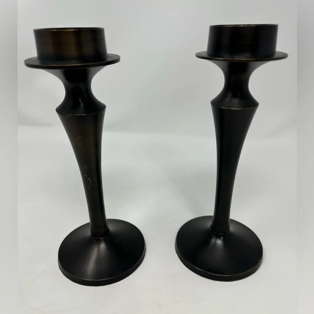Pottery Barn Set Of‎ 2 Brown Candle Holder Sticks Heavy Taper Pillar 8.5